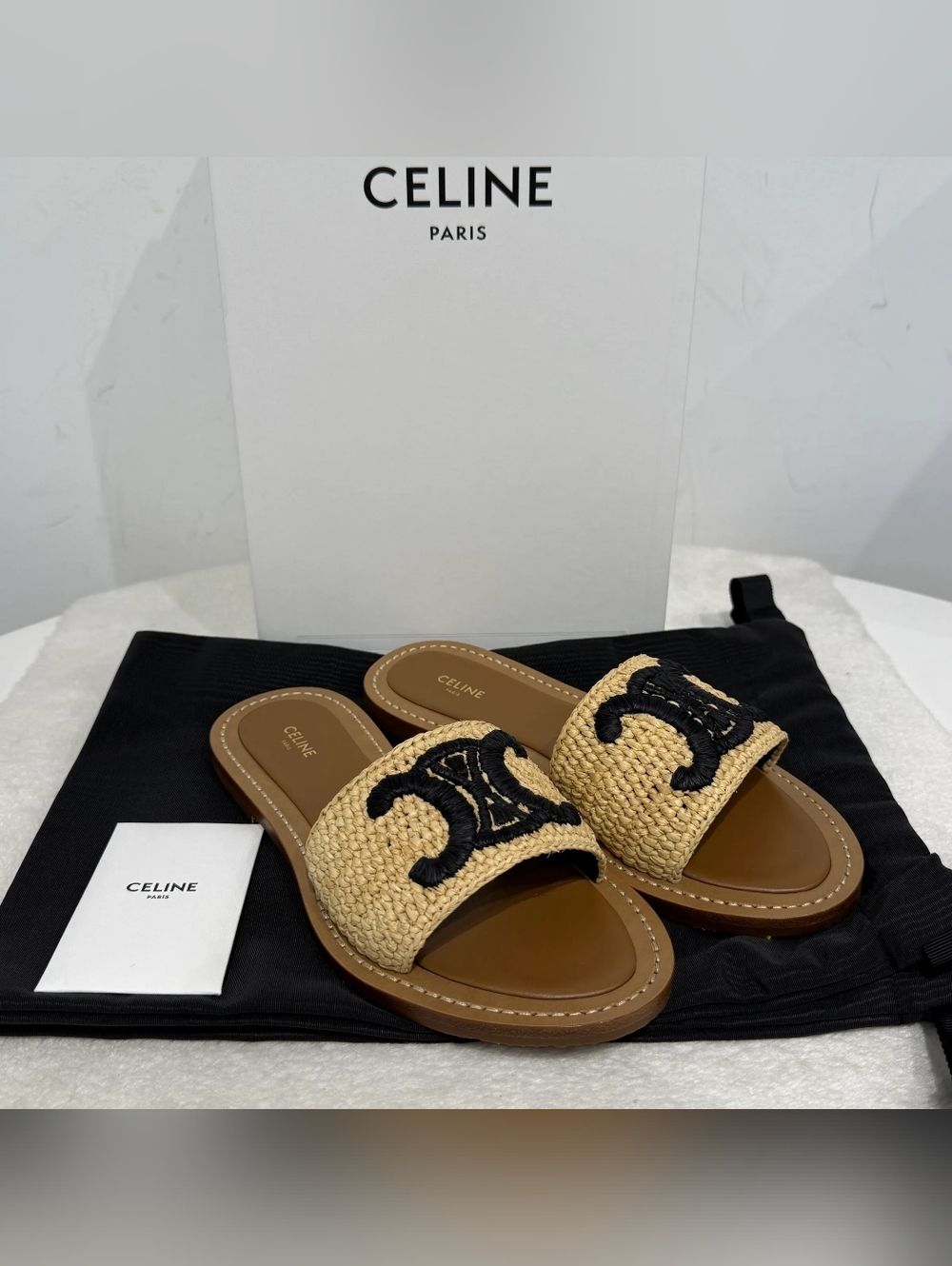 Celine Lympia Raffia Mules Slide Sandals